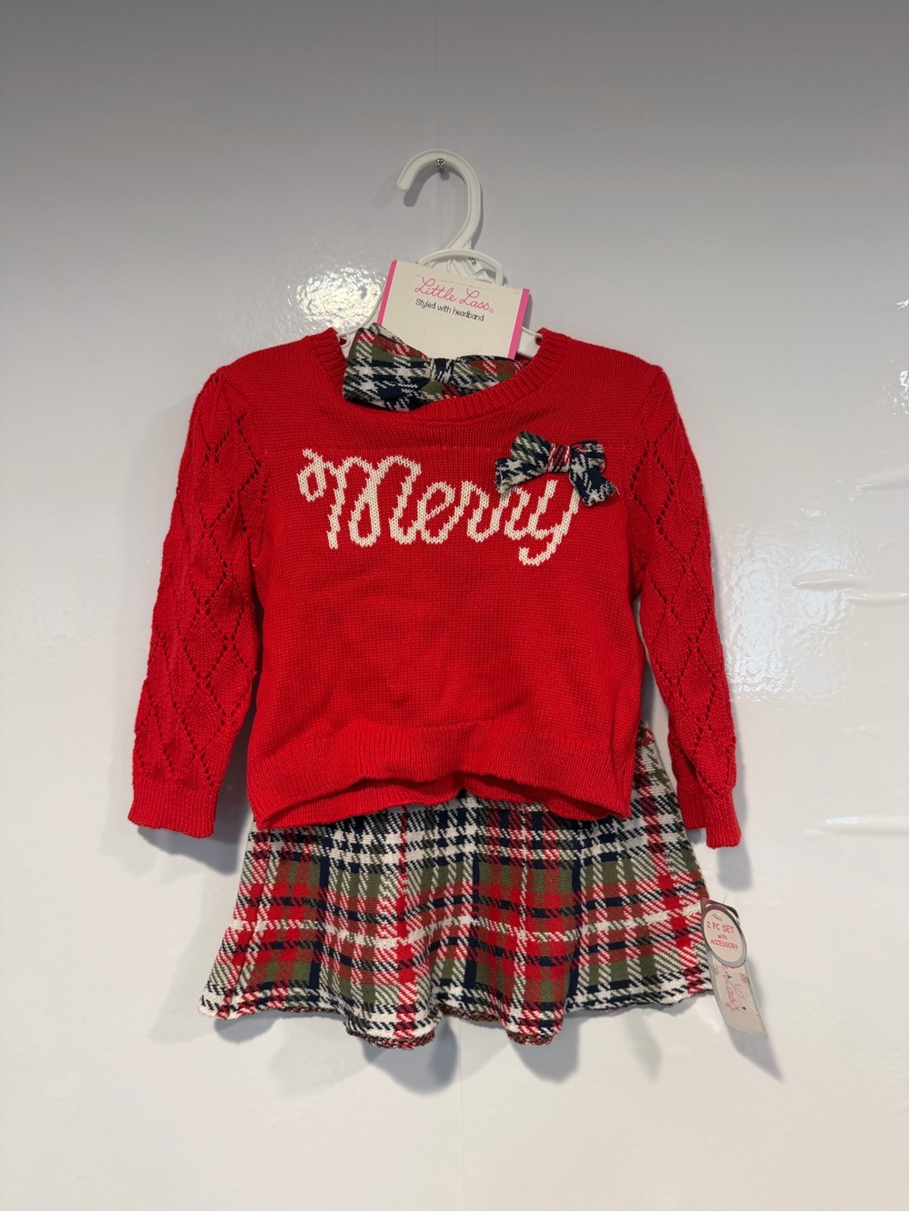 Little Lass Red "Merry" Knit Sweater Dress with Plaid Skirt NWT - Picture 1 of 4